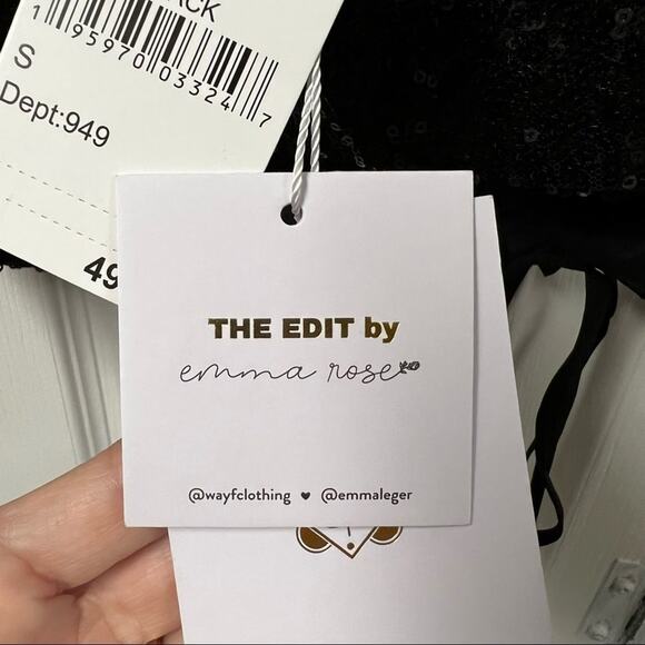 WAYF Black Sequin Crop Cami Top Size S Ruched Front Drawstring Tie NWT - Picture 9 of 12